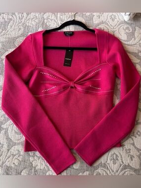Bebe Hot Pink Long Sleeve Bow Front Top with Stud Accents